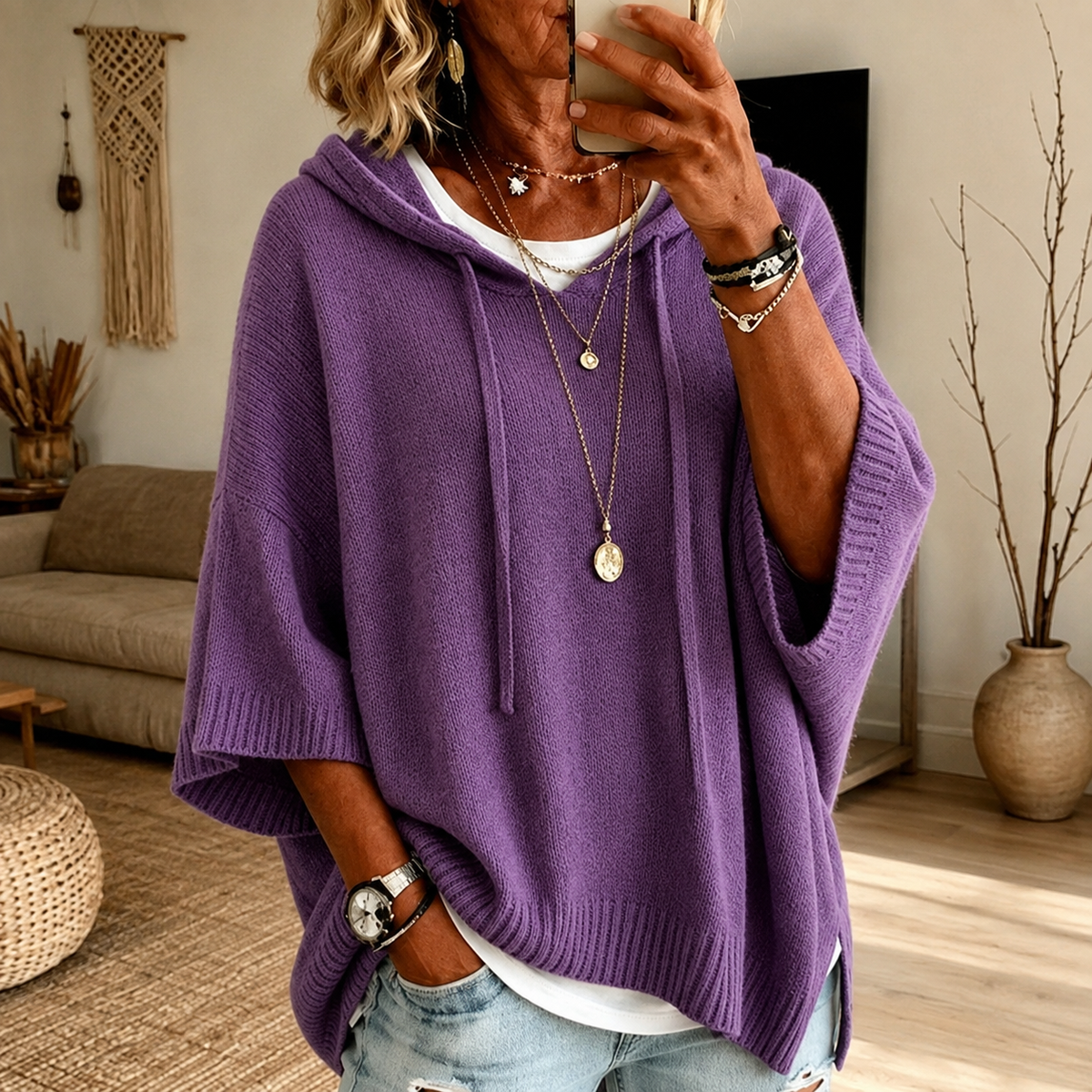 Margot: paarse ponchotrui met capuchon