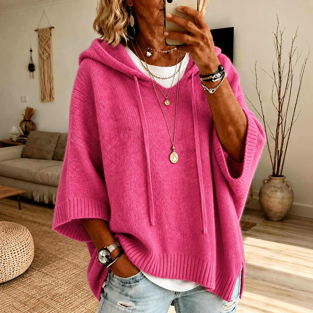 Zoë: roze ponchotrui met capuchon