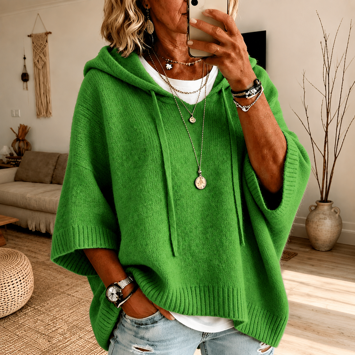 Mia: groene ponchotrui met capuchon