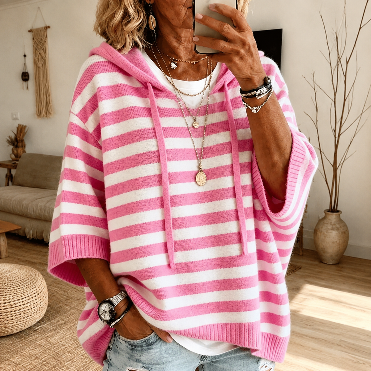 Marie: gestreepte ponchotrui met capuchon