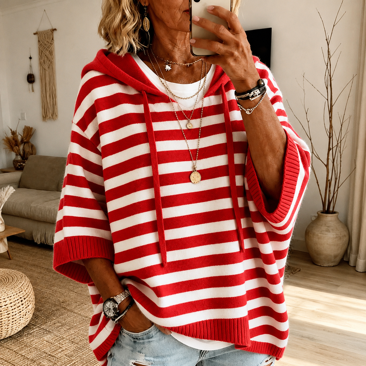Valerie: gestreepte ponchotrui met capuchon